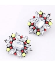 Resin Gem Jointed Fluorescent Color Beads Decorated Ear Studs - Red and Yellow