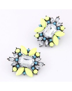 Resin Gem Jointed Fluorescent Color Beads Decorated Ear Studs - Yellow and Blue