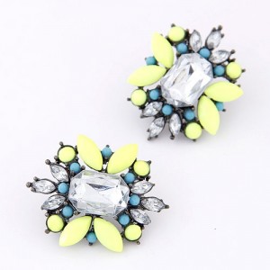 Resin Gem Jointed Fluorescent Color Beads Decorated Ear Studs - Yellow and Blue