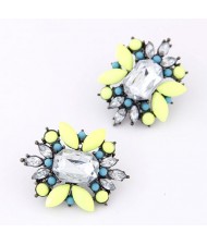 Resin Gem Jointed Fluorescent Color Beads Decorated Ear Studs - Yellow and Blue