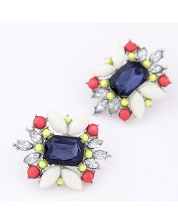 Resin Gem Jointed Fluorescent Color Beads Decorated Ear Studs - Ink Blue