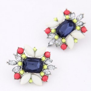 Resin Gem Jointed Fluorescent Color Beads Decorated Ear Studs - Ink Blue