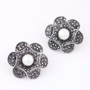 Flower Context Engraving Design with Pearl Stamen Ear Studs - Vintage Silver