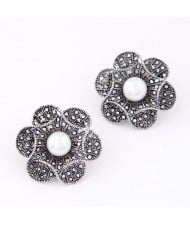 Flower Context Engraving Design with Pearl Stamen Ear Studs - Vintage Silver