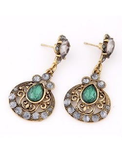 Vintage Style Waterdrop Gem Inlaid Hollow Floral Pattern Dangling Earrings - Green