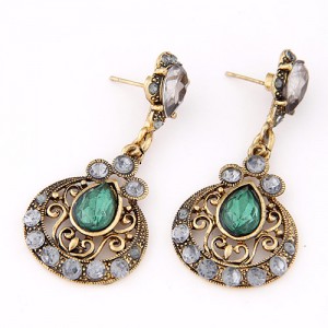 Vintage Style Waterdrop Gem Inlaid Hollow Floral Pattern Dangling Earrings - Green