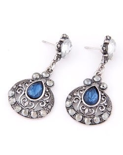 Vintage Style Waterdrop Gem Inlaid Hollow Floral Pattern Dangling Earrings - Blue