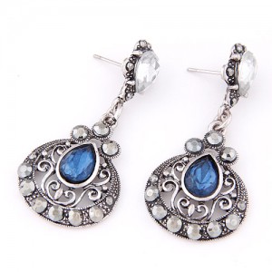 Vintage Style Waterdrop Gem Inlaid Hollow Floral Pattern Dangling Earrings - Blue
