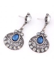 Vintage Style Waterdrop Gem Inlaid Hollow Floral Pattern Dangling Earrings - Blue