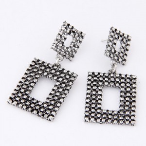 Vintage Studs Fashion Linked Squares Earrings - Vintage Silver