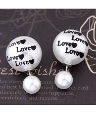 Love Theme Twin Pearl Balls Ear Studs