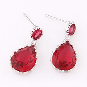 Graceful Teardrop Shape Cubic Zirconia Dangling Earrings - Red