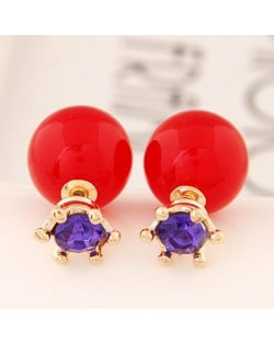 Purple Gem Inlaid Crown Design Solid Color Resin Ball Earrings - Red
