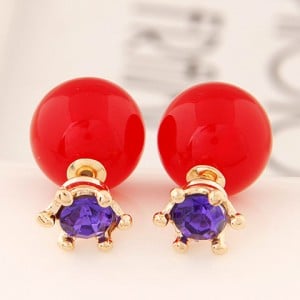 Purple Gem Inlaid Crown Design Solid Color Resin Ball Earrings - Red