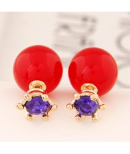 Purple Gem Inlaid Crown Design Solid Color Resin Ball Earrings - Red