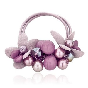 Korean Fashion Flower and Balls Cluster Rubber Hair Band - Lavendar