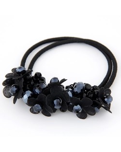 Cloth Flower and Crystal Balls Cluster Design Rubber Hair Band - Black