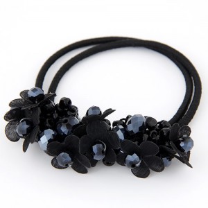 Cloth Flower and Crystal Balls Cluster Design Rubber Hair Band - Black