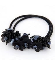Cloth Flower and Crystal Balls Cluster Design Rubber Hair Band - Black