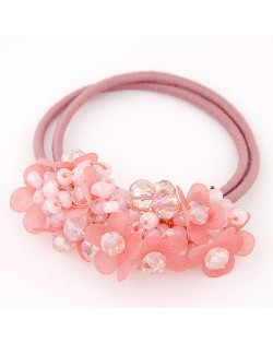 Cloth Flower and Crystal Balls Cluster Design Rubber Hair Band - Pink