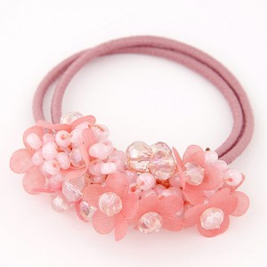 Cloth Flower and Crystal Balls Cluster Design Rubber Hair Band - Pink