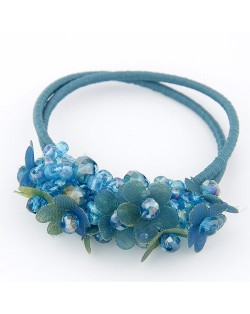 Cloth Flower and Crystal Balls Cluster Design Rubber Hair Band - Blue