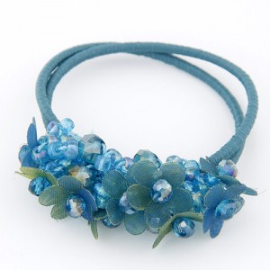 Cloth Flower and Crystal Balls Cluster Design Rubber Hair Band - Blue