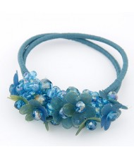 Cloth Flower and Crystal Balls Cluster Design Rubber Hair Band - Blue