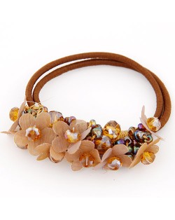 Cloth Flower and Crystal Balls Cluster Design Rubber Hair Band - Brown