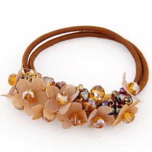 Cloth Flower and Crystal Balls Cluster Design Rubber Hair Band - Brown