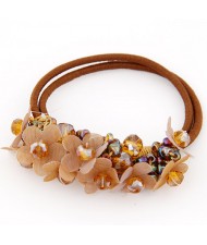 Cloth Flower and Crystal Balls Cluster Design Rubber Hair Band - Brown