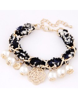 Korean Fashion Golden Hollow Rose and Pearls Pendant Design Cloth and Metalic Mix Bracelet