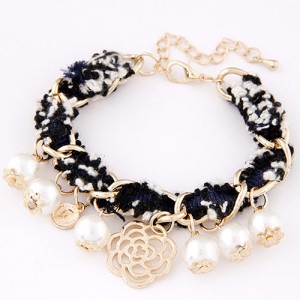 Korean Fashion Golden Hollow Rose and Pearls Pendant Design Cloth and Metalic Mix Bracelet