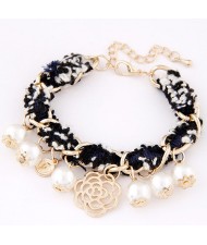 Korean Fashion Golden Hollow Rose and Pearls Pendant Design Cloth and Metalic Mix Bracelet