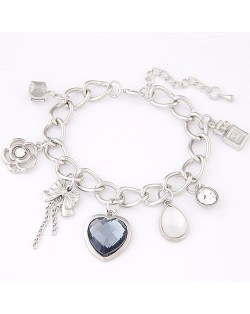 Peach Heart Bowknot and Hollow Flower Pendant Bracelet - Silver