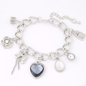 Peach Heart Bowknot and Hollow Flower Pendant Bracelet - Silver
