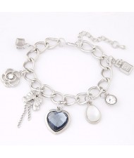 Peach Heart Bowknot and Hollow Flower Pendant Bracelet - Silver
