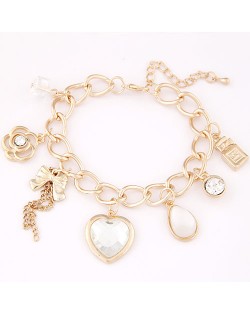 Peach Heart Bowknot and Hollow Flower Pendant Bracelet - Golden