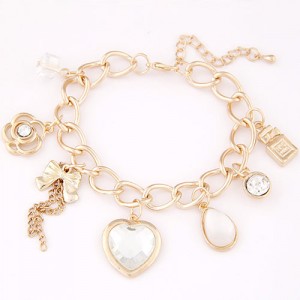 Peach Heart Bowknot and Hollow Flower Pendant Bracelet - Golden