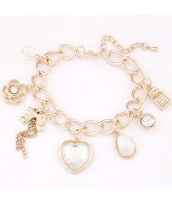 Peach Heart Bowknot and Hollow Flower Pendant Bracelet - Golden