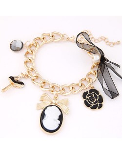 Fair Lady Fashion Princess Cameo Bowknot and Rose Pendants Bracelet - Black