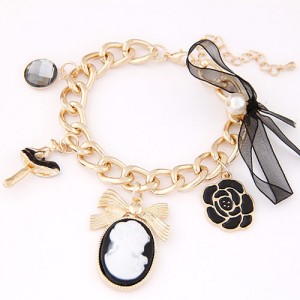 Fair Lady Fashion Princess Cameo Bowknot and Rose Pendants Bracelet - Black
