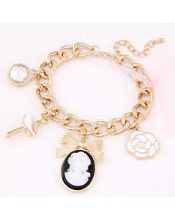 Fair Lady Fashion Princess Cameo Bowknot and Rose Pendants Bracelet - White