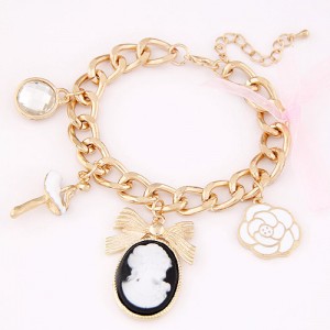 Fair Lady Fashion Princess Cameo Bowknot and Rose Pendants Bracelet - White