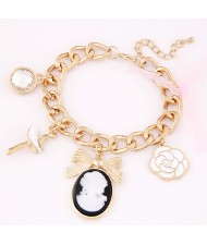 Fair Lady Fashion Princess Cameo Bowknot and Rose Pendants Bracelet - White