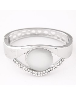 Rhinestone and Opal Stone Embedded Hollow Design Fashion Bangle - Silver
