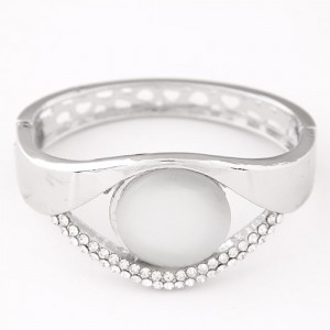Rhinestone and Opal Stone Embedded Hollow Design Fashion Bangle - Silver