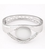 Rhinestone and Opal Stone Embedded Hollow Design Fashion Bangle - Silver