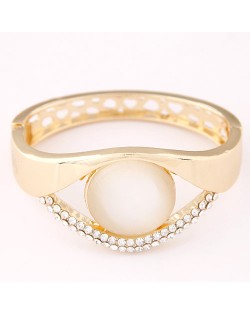 Rhinestone and Opal Stone Embedded Hollow Design Fashion Bangle - Golden