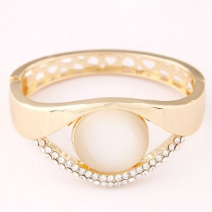 Rhinestone and Opal Stone Embedded Hollow Design Fashion Bangle - Golden